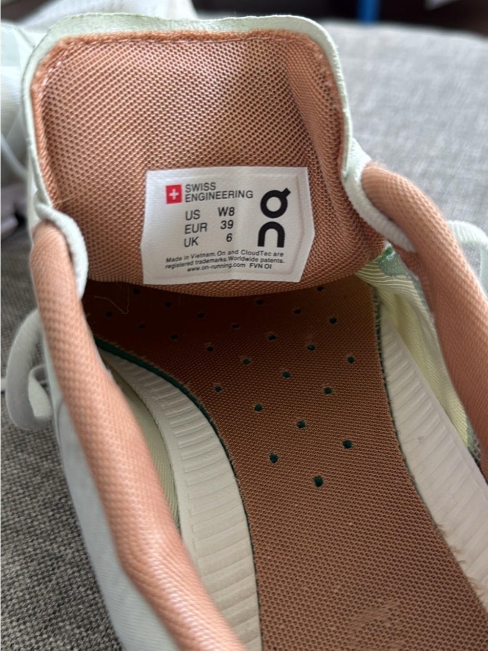 On Running Women's Running Shoe in Mint, Peach and White - Picture 2 of 3